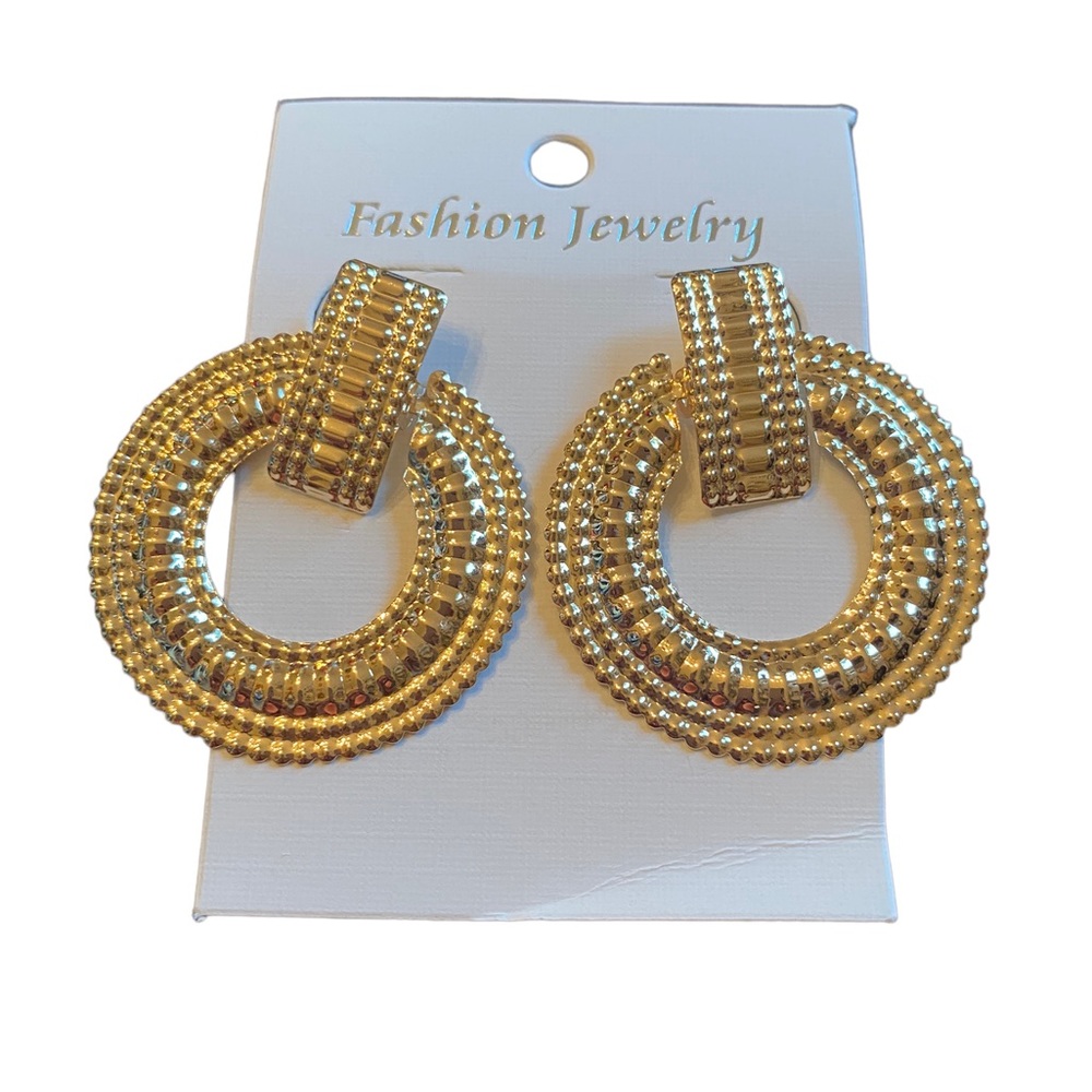 Shiny Gold Textured Lightweight Hoop Drop Earrings